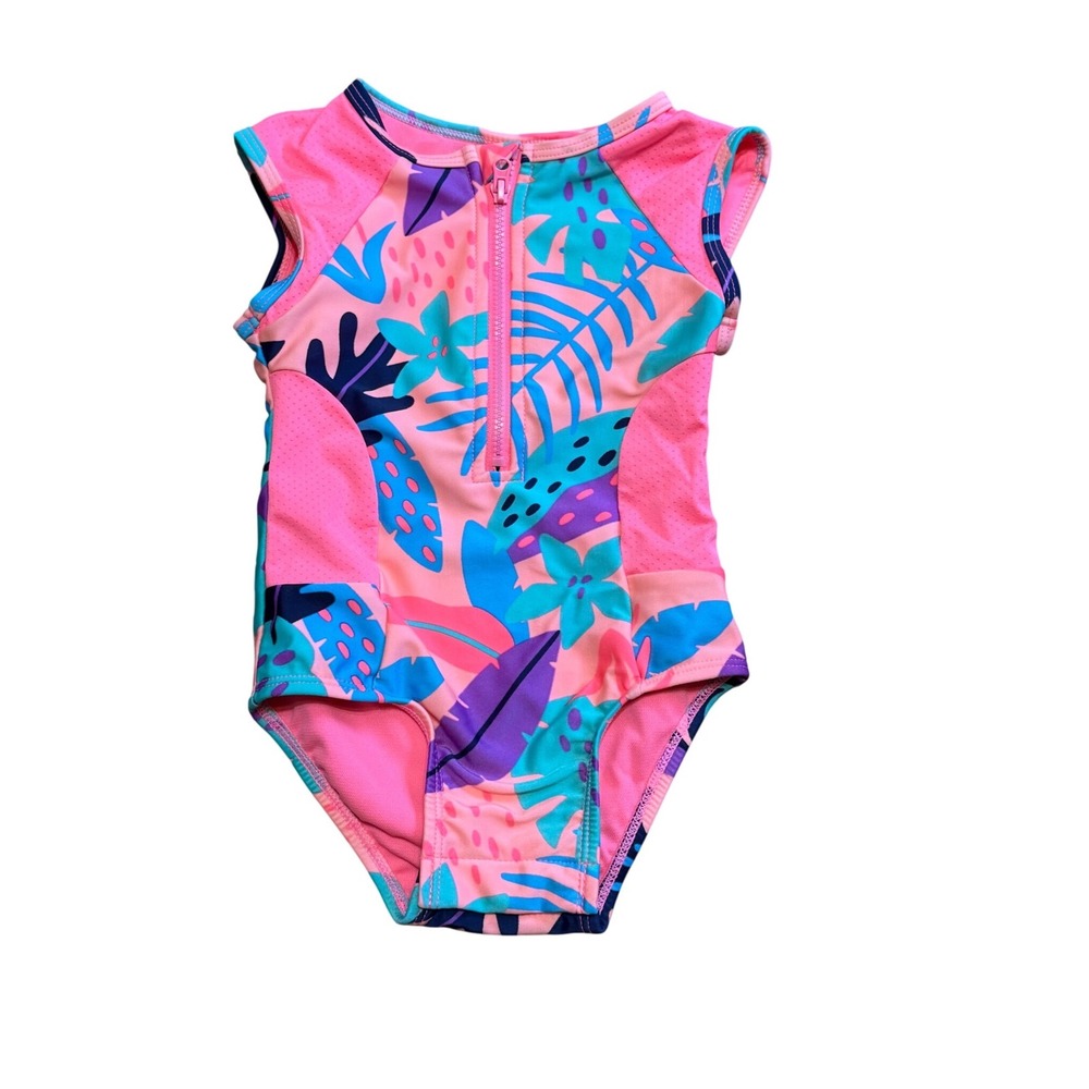 Toddler 2T Girl Bright Pink Tropical Leaf One Piece Swimsuit Snap Bottom